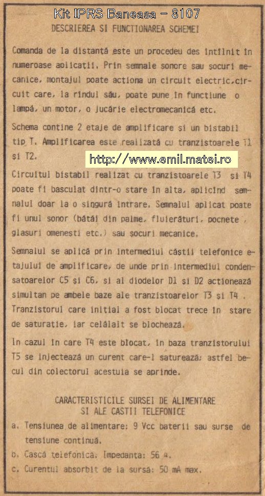 Kit 8107 - Comanda sonora - Descrierea si functionarea schemei