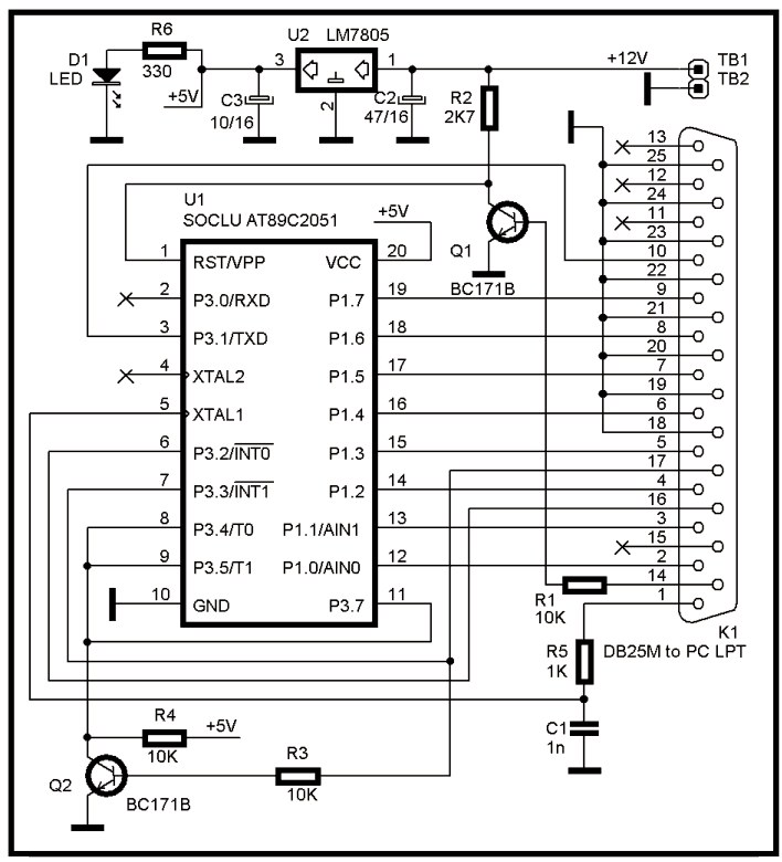 Programator AT89C2051 pe portul paralel PC - schema