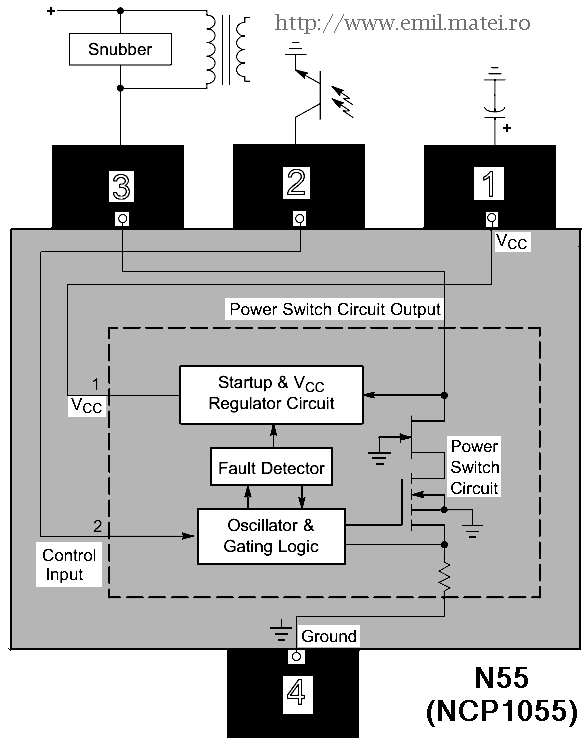 Schema bloc interna a cicuitului N55 (NCP1055)