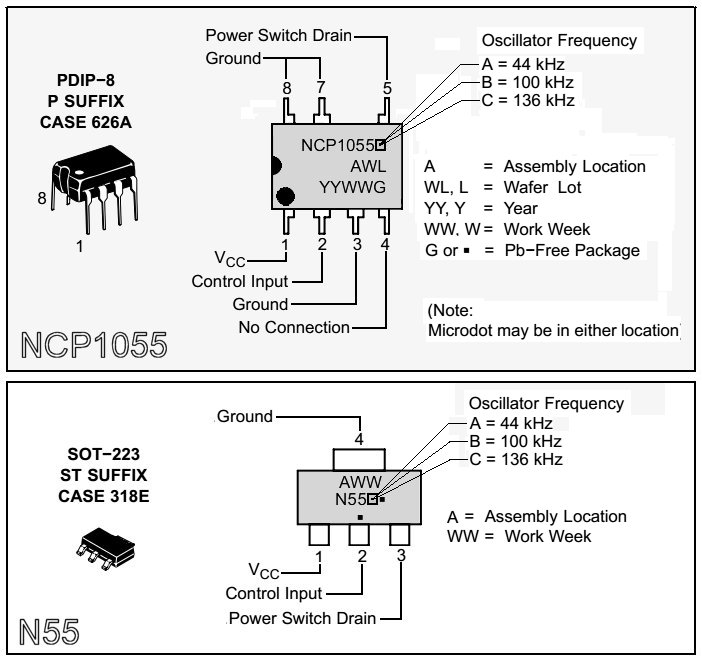 Pinout si marcare circuite NCP1055 si N55